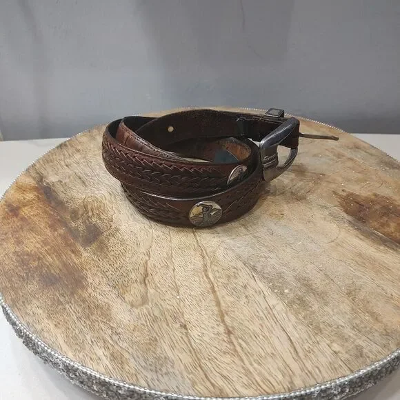 VTG Onyx by Brighton Golfing Belt Brown Leather‎ Silver Braided Sz 40