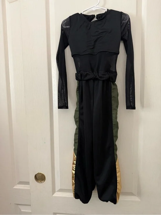 Weissman Black Jumpsuit with Olive Panels and Gold Accents