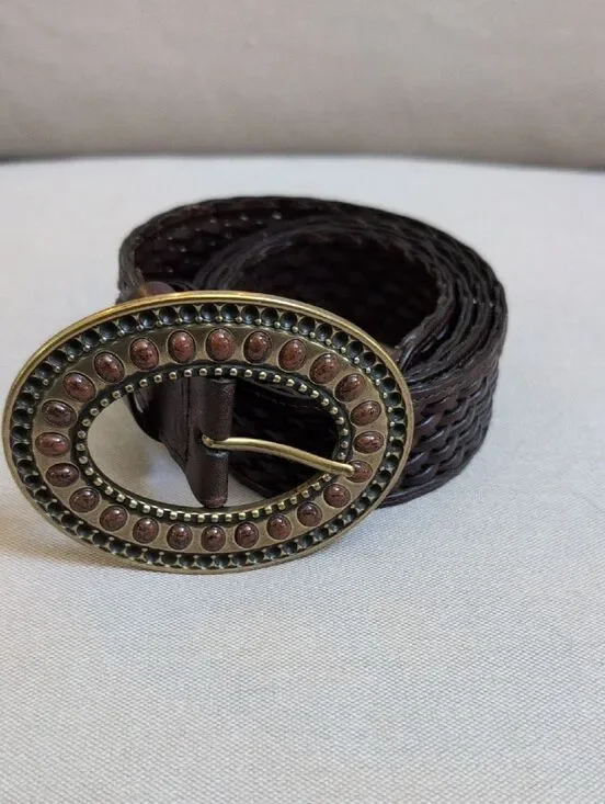 Coldwater Creek Woven Brown Leather Adjustable Belt Decorative Oval Buckle