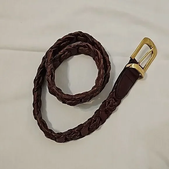 Amiee Lynn Braided Woven Brown Leather Belt Solid Brass Buckle Approximately 35
