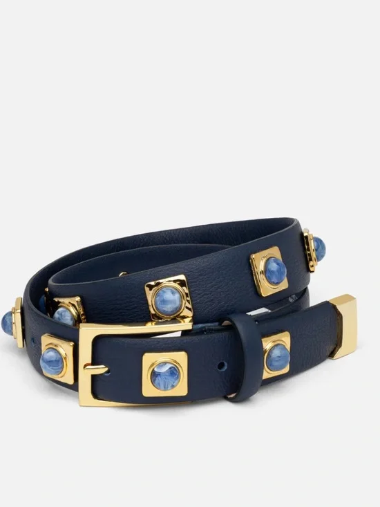 Women's Navy Leather Wrap Bracelet with Gold Accents
