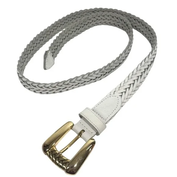 CHIC Signed White Braided Leather Belt Gold Tone‎ Buckle Adjustable Up To 39