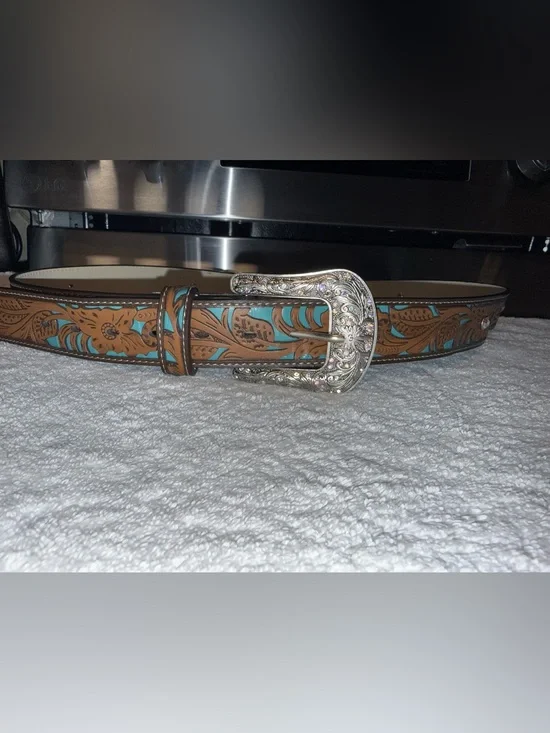 Turquoise Tooled Floral Western Belt with Silver Buckle Size 2X‎ NEW!