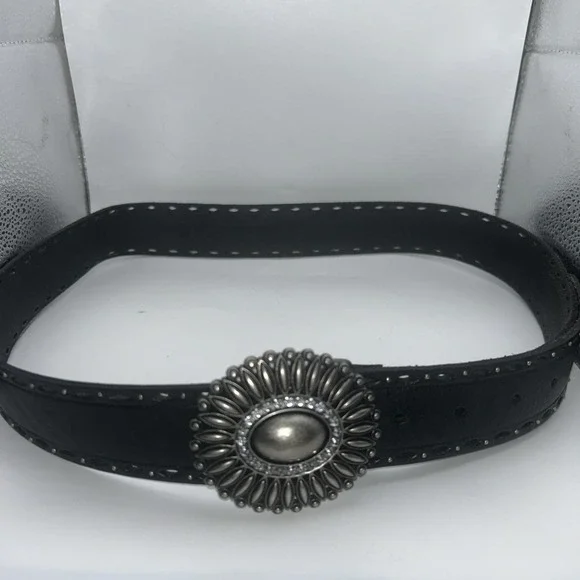 Fossil‎ Genuine Leather Boho Southwestern Belt Bronze Rhinestone Buckle Black L