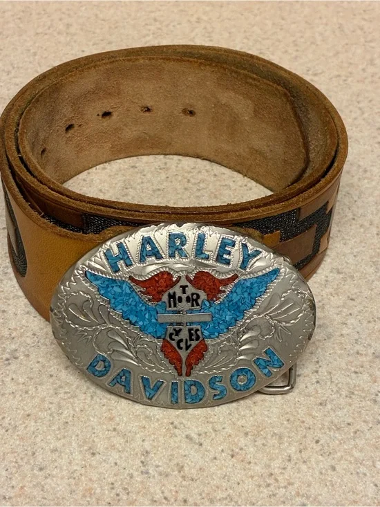 Harley-Davidson Oval Eagle Buckle Belt - Turquoise & Tan