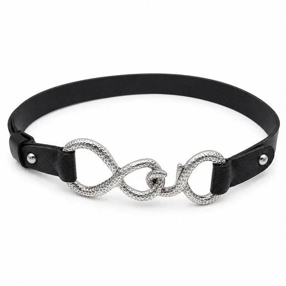 Chico's Black Leather Statement‎ Belt Hammered Silver Adjustable M/L