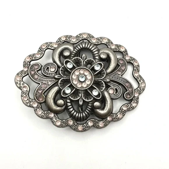 Vintage Silver Tone Floral Filigree Belt Buckle Pink‎ Blue Rhinestone 3.25in