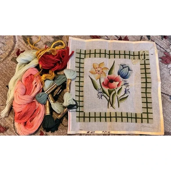 Vintage 90s Hand Painted Needlepoint Canvas Glorious Floral READ
