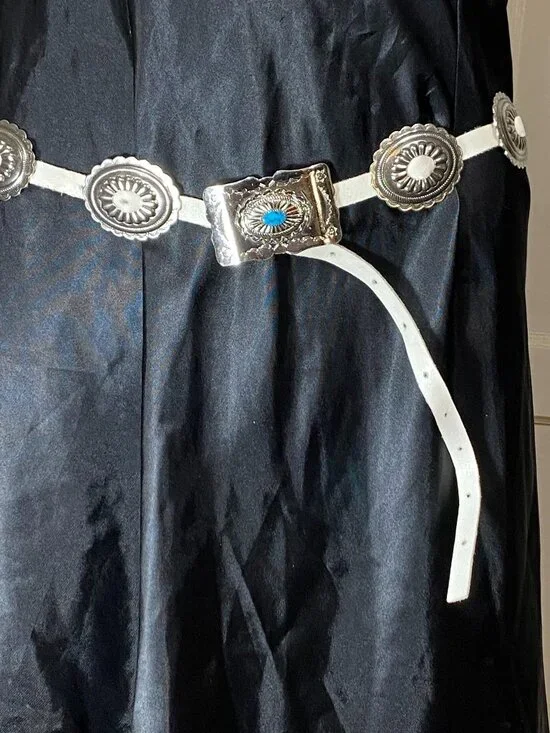 VTG Western White Leather Concho Belt Silver Tone Turquoise Cowgirl Boho 27.5-41