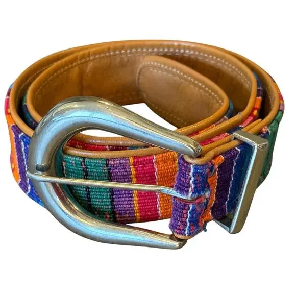Vintage Bright  Multicolor Woven Leather-Backed Belt with Silver type Buckle