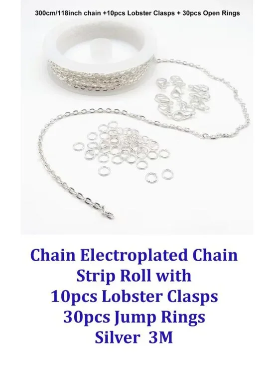 Electroplated Chain Roll w/ 10pcs Lobster Clasps 30pcs Jump Rings  3m Silver