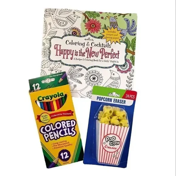 Hallmark Adult Coloring &‎ Cocktails Book with Colored Pencils and Erasers Lot