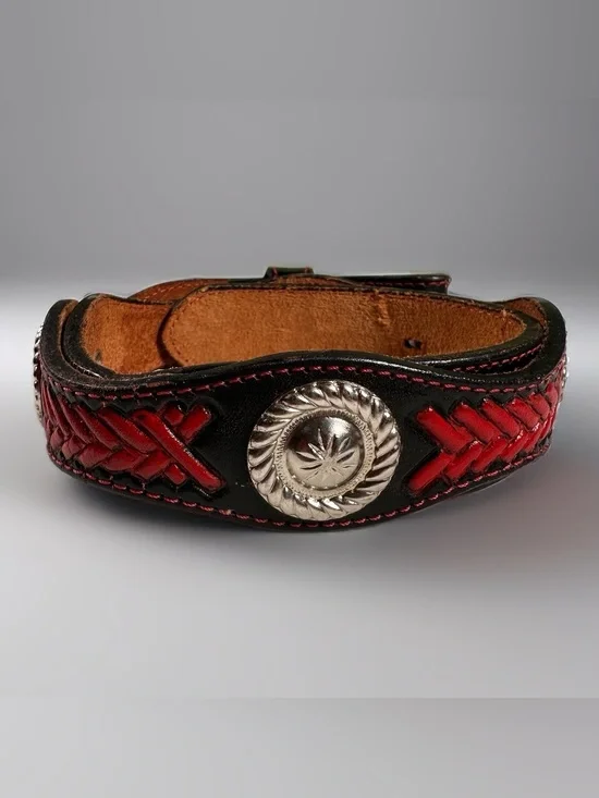 Black & Red Braided Leather Men’s Wrist Cuff with Silver Accent