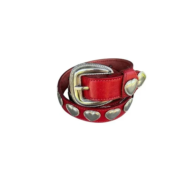 Vintage Red Leather Western Heart Belt Size S/M Silver Concho 90s  Leather Shop
