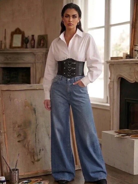Corset Style Triple Buckle Wide Belt Elastic Waist Band One Size