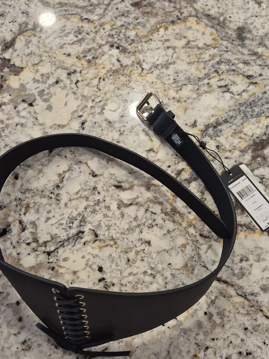 BCBGMaxAzria Black Lace-Up Wide Waist Belt with Silver Buckle