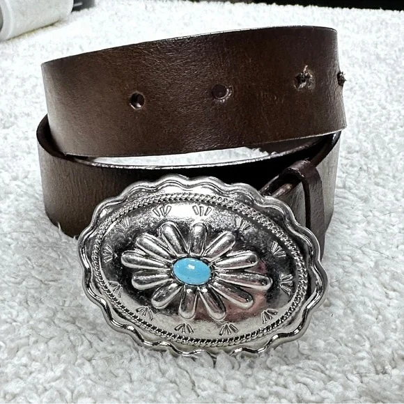 brown leather belt featuring  silver-tone concho buckle turquoise accent stone M