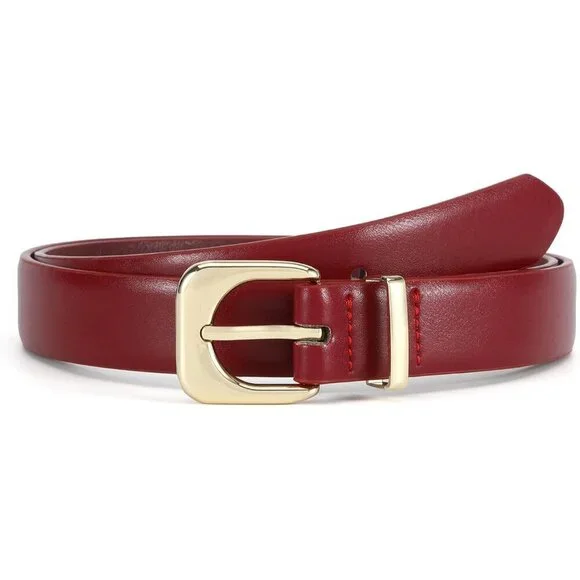 Women's Red Faux Leather Waist Belt With Gold Silver Buckle Casual Jeans Pants