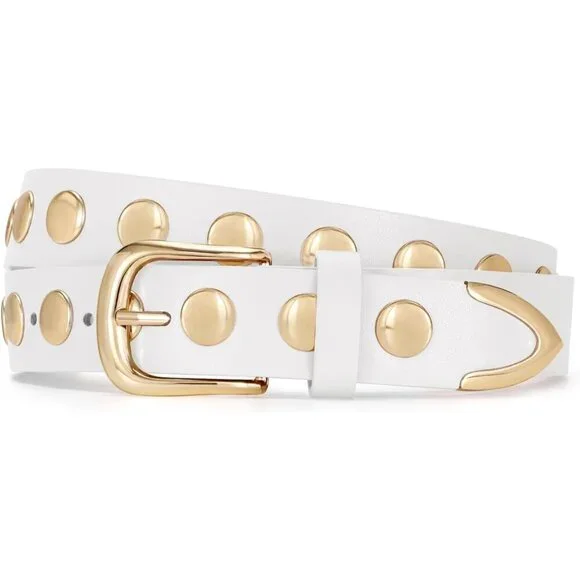 Women's White Fashion Leather Belt Punk Studded Belt for Jeans Pants Dresses