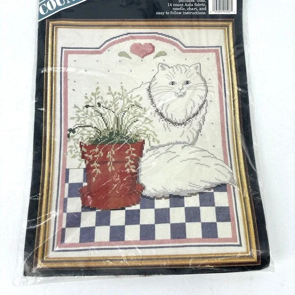 Banar Designs Counted Cross Stitch Kit Kitty Cat 11x14 White Persian w Plant NEW
