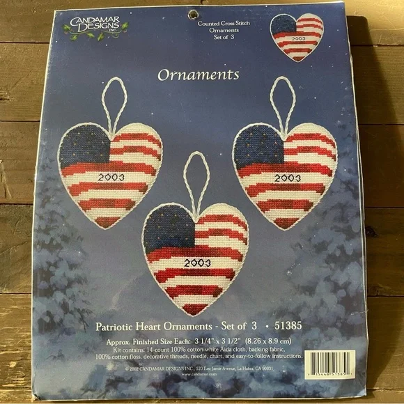 Candamar Designs 2002 Counted Cross Stitch Three Patriotic Heart Ornament #51385