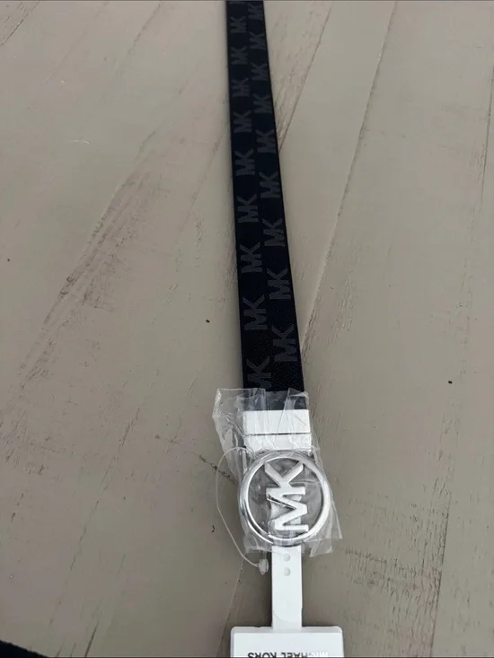Michael Kors Black MK Logo Belt with Silver-Tone Round Buckle