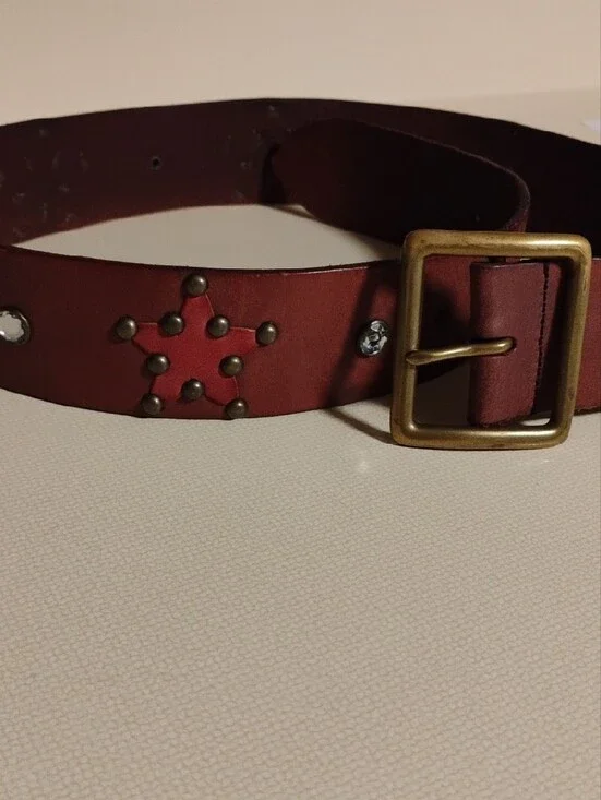 Linea Pelle Embellished Brown Leather Star Stud Belt with Rhinestones