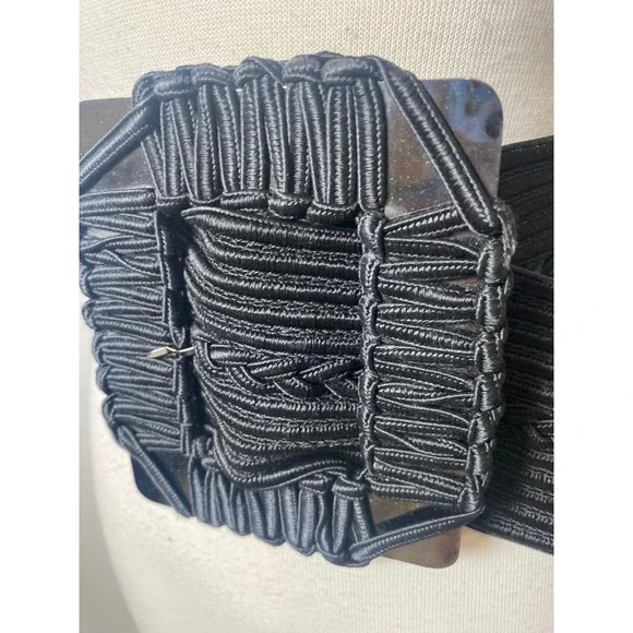 Vintage 80s 90s Black Soutache Cord Wide Cinch Belt Braided Statement Buckle