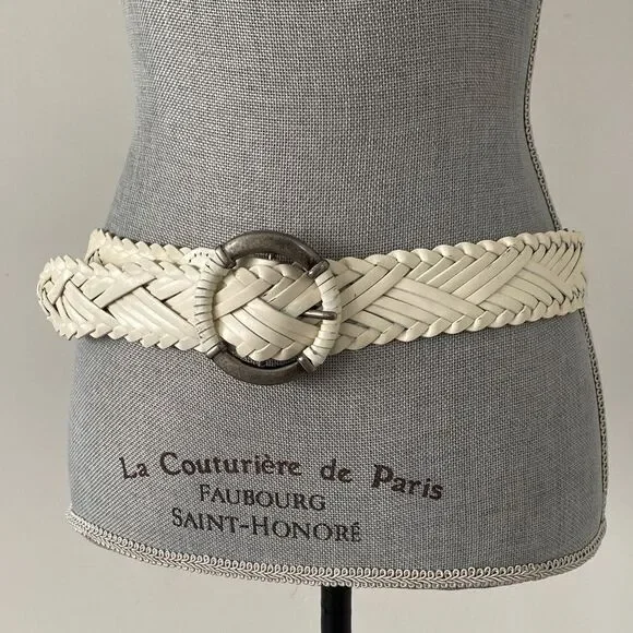 Vintage Cream Woven Leather Belt with Silver Ring Sz S/M 40” long Boho Western
