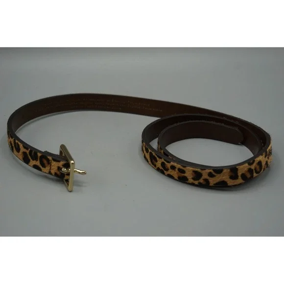 Leopard Print Calf Hair Skinny Belt Gold Buckle Animal Print Brown Tan Medium