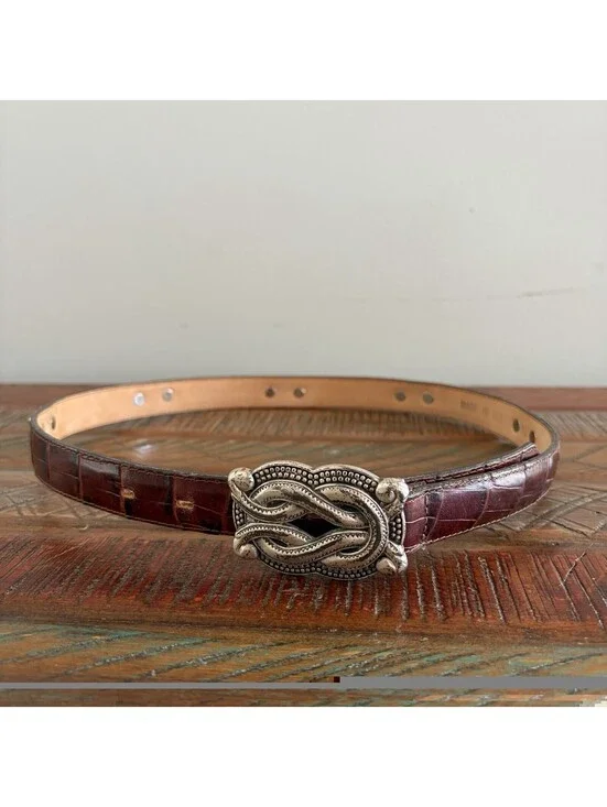 Women’s 29in Croc Embossed Leather Silver Tone Conchos Belt Brown Western Boho
