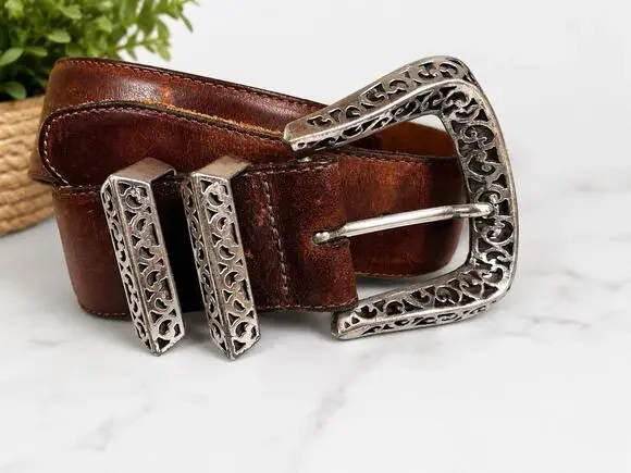 Vintage Brighton Sundance Brown Leather Belt Ornate Filigree Buckle USA Small