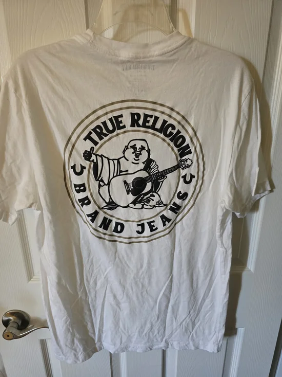 True Religion White Graphic Tee with Buddha Logo Mens Large