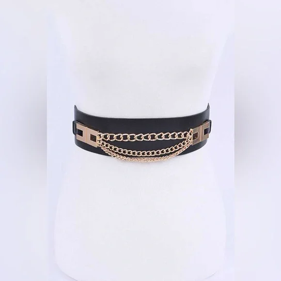 Black Waist Belt with Gold Chain Accent (3 Colors)