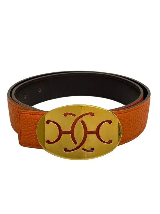 Hermes Belt 75 Orange Dark Brown Gold 75 Double Logo Reversible