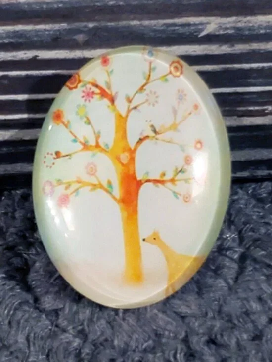 Handmade Tree of Life 40x30mm Oval Tempered Glass Cabochon 6939-H