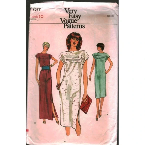 Vintage Vogue 7577 Misses Dress Sewing Pattern Sz 10 1980s Easy Maxi Midi Dress