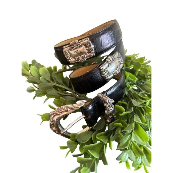 Vintage Brighton Leather Belt, Embossed Alligator Print leather, Concho Silver O