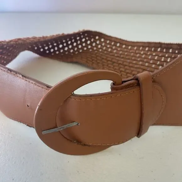 Vintage Brown Waffle Knit Yarn Elastic Belt Size Small Boho Y2K 90s Faux Leather