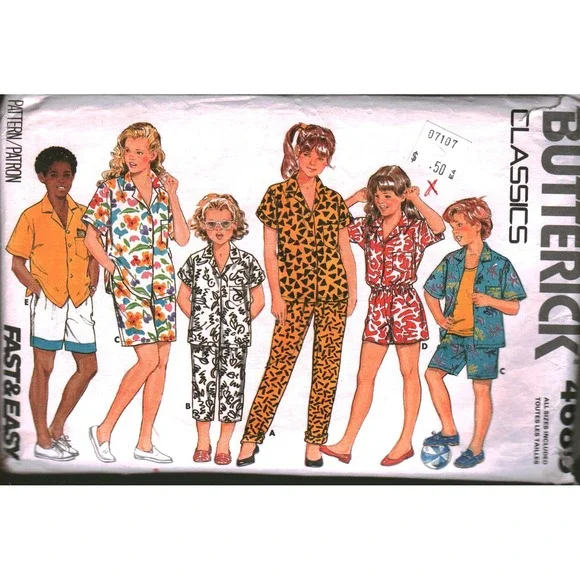 Butterick 4685 Kids Pajamas Shirt Pants Shorts Sewing Pattern Size S Vintage