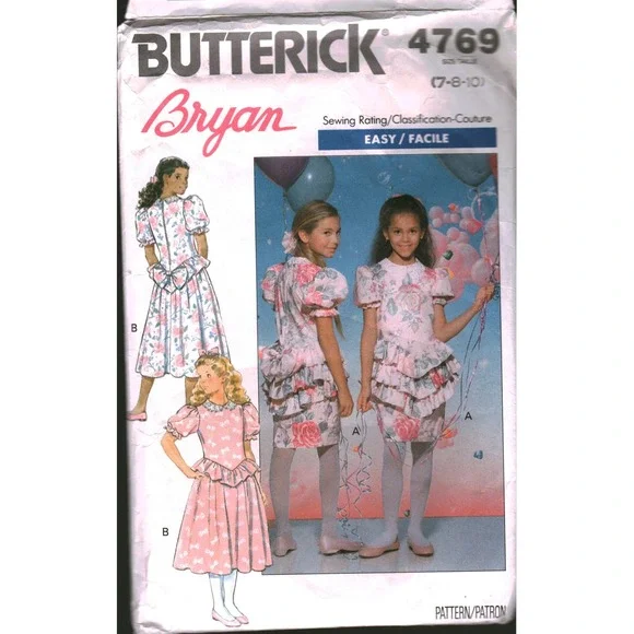 Butterick 4769 Bryan Girls Dress Sewing Pattern Ruffled Dropped Waist Size 7-10