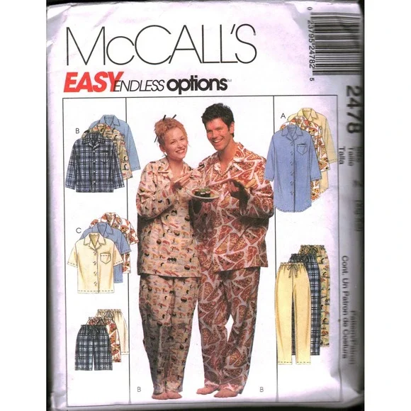 McCalls 2478 Pajamas Sewing Pattern Nightshirt Pants Shorts Unisex XL-XXL 1999