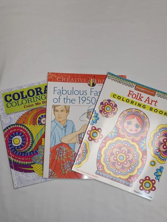 Bundle of 3 Adult Coloring Books - Folk Art, Fabulous 50's Fashions, Colorama