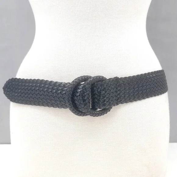 Women's Black Woven Braided Faux Leather Wide Belt Minimalist Boho M / L 41