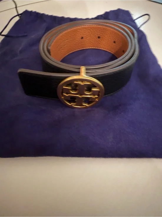 Tory Burch Black Leather Belt with Gold Logo Buckle - Women’s Small