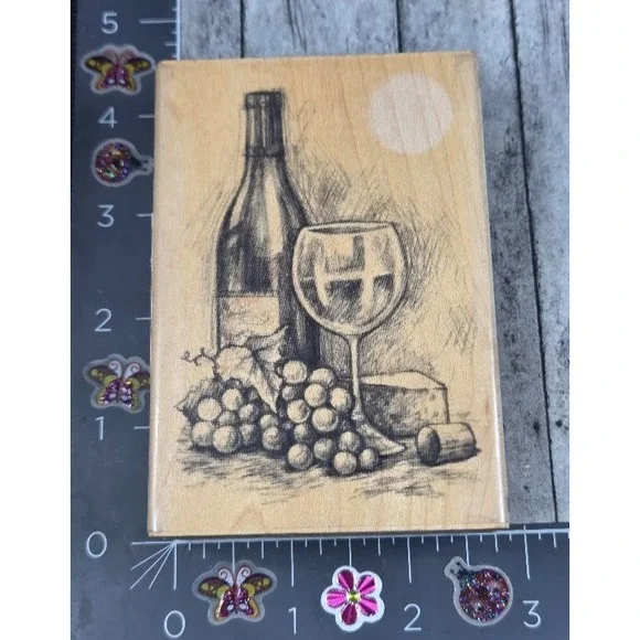 Inkadinkado Wine Glass Grapes Cheese Scene Rubber Stamp Wood #K55