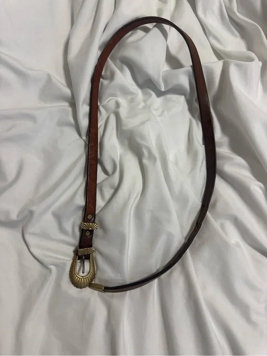 Women's Brown Leather Belt with Ornate Brass Buckle