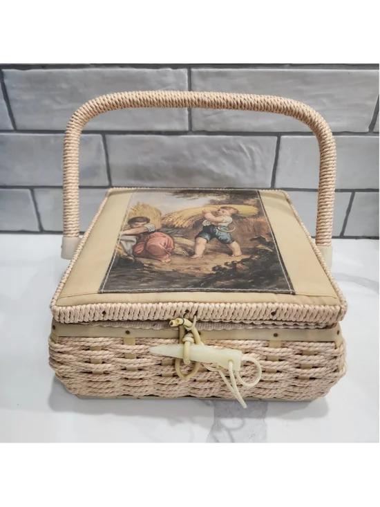 Vintage Woven Sewing Basket w/ Bakelite Clasp Scenic Lid with lots of Supplies