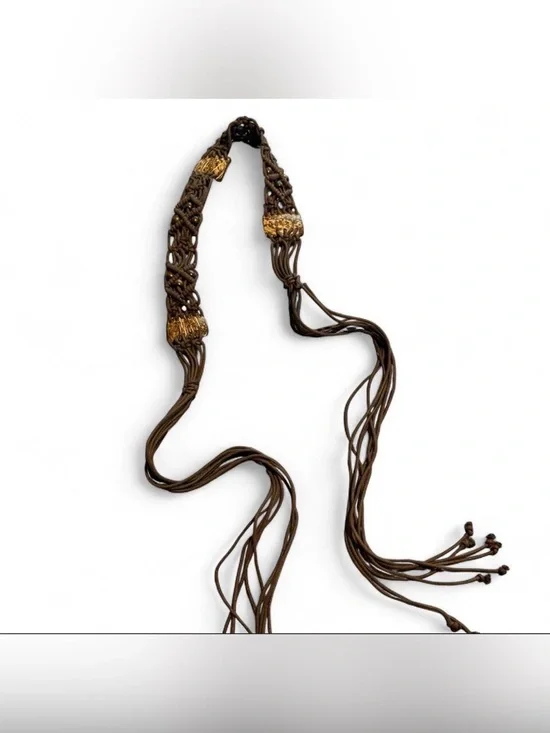 Braided Brown Leather Tie Belt with beaded Accents
