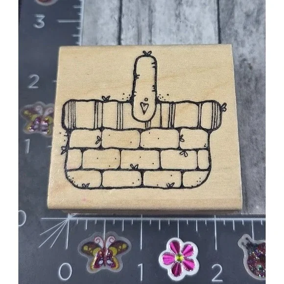 Hooks Lines Inkers Wicker Basket Picnic Heart Rubber Stamp Wood #i45
